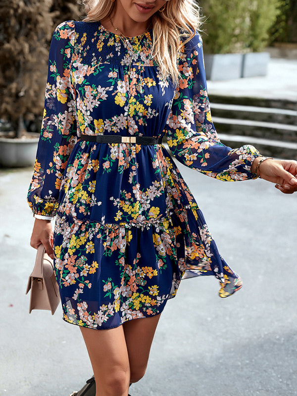 Floral Print Round Neck Skirt Chiffon Layered Dress