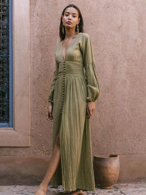 New French retro V-neck waist pleats loose slit temperament long-sleeved dress