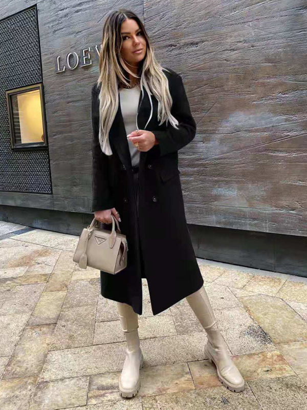 women's long sleeve suit collar double breasted woolen coat coat