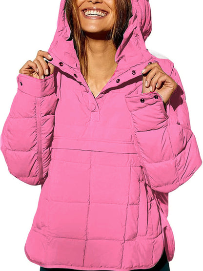 Solid Color Hooded Cotton Foldable Padded Pullover Pocket Long Sleeve Jacket