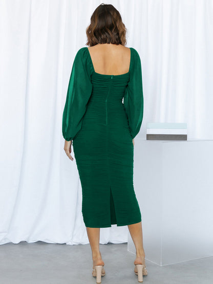 Square neck pleated lantern sleeve slit light dress