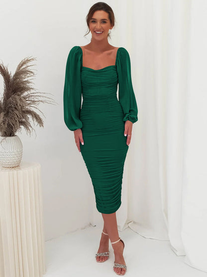 Square neck pleated lantern sleeve slit light dress