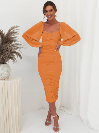 Square neck pleated lantern sleeve slit light dress