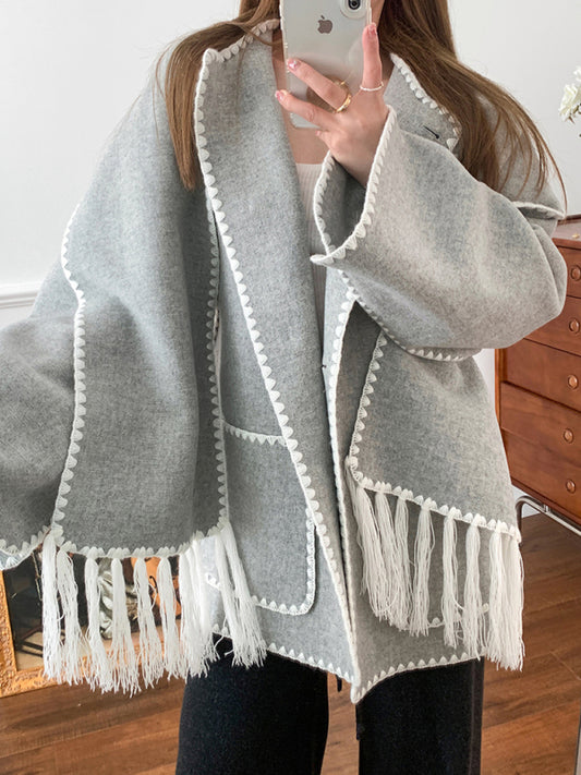 New autumn and winter new fashion woolen coat thickened loose with scarf tassels for women