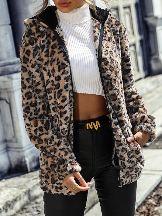 Women's hooded long-sleeved leopard print mid-length loose casual jacket