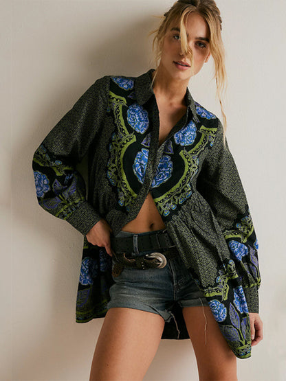 Printed lapel long-sleeved loose-fitting dress