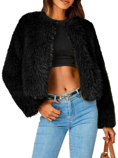 Women's New Furry Multicolor Collarless Top Short Jacket