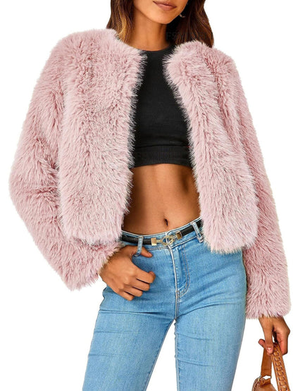 Women's New Furry Multicolor Collarless Top Short Jacket