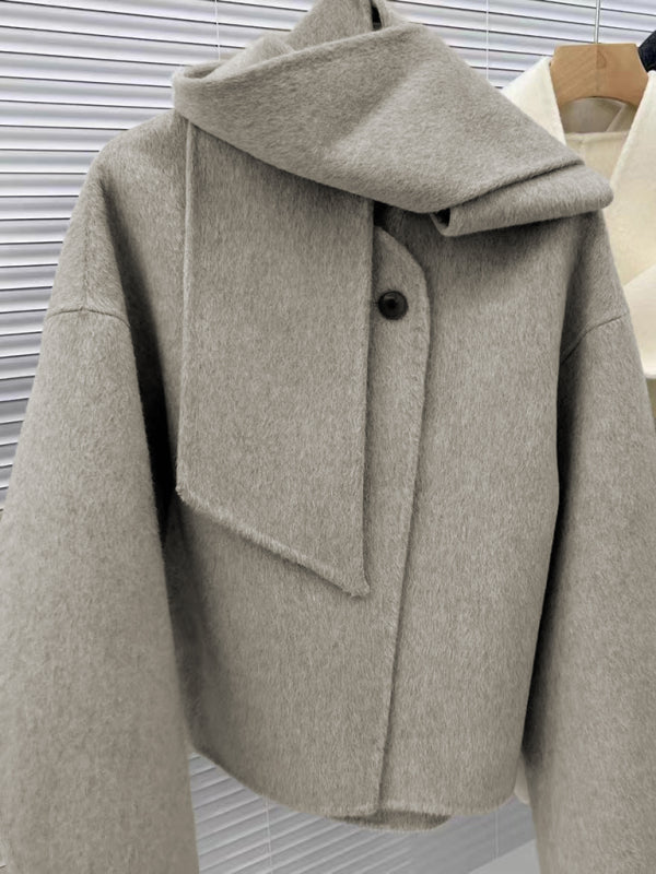 Women's short double-sided cashmere coat with scarf