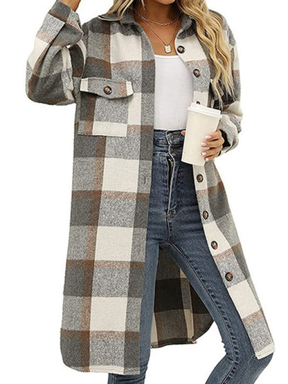 New long plaid lapel buttoned wool casual windbreaker jacket