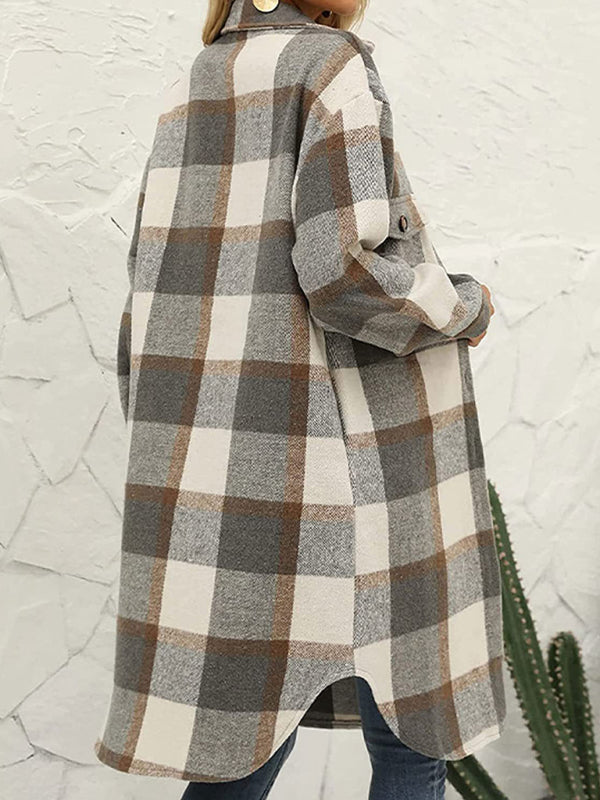 New long plaid lapel buttoned wool casual windbreaker jacket