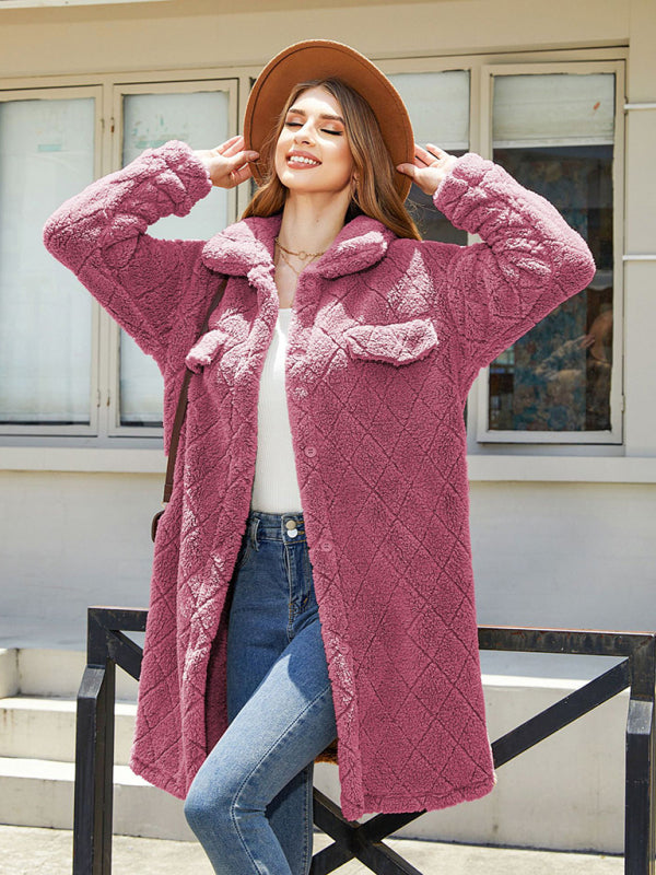 Women's plaid plush button long coat