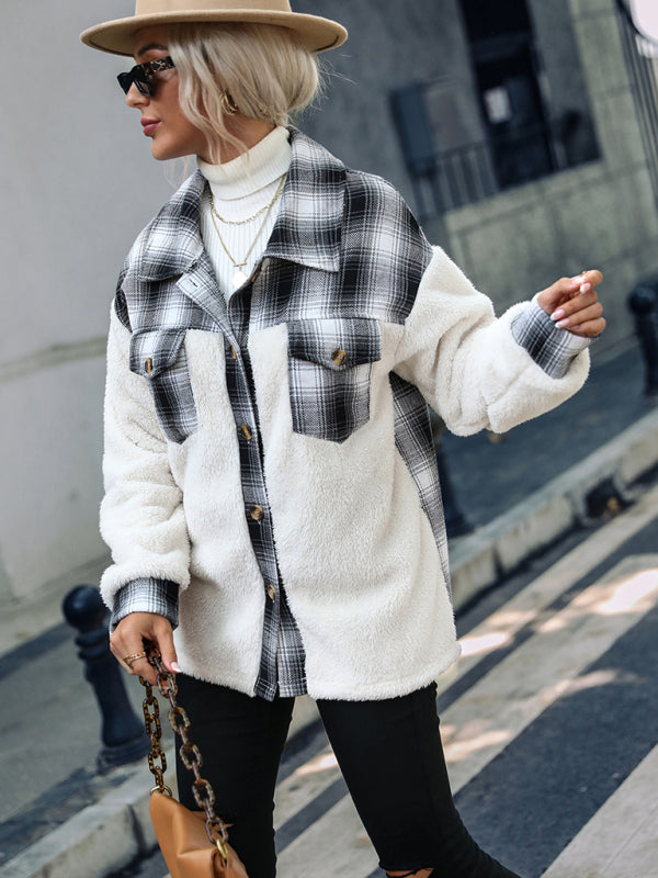 Women's plaid patchwork plush button coat