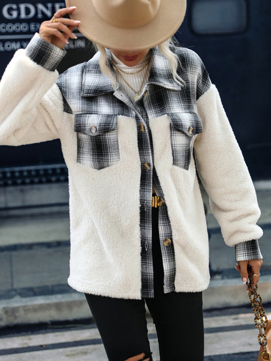 Women's plaid patchwork plush button coat