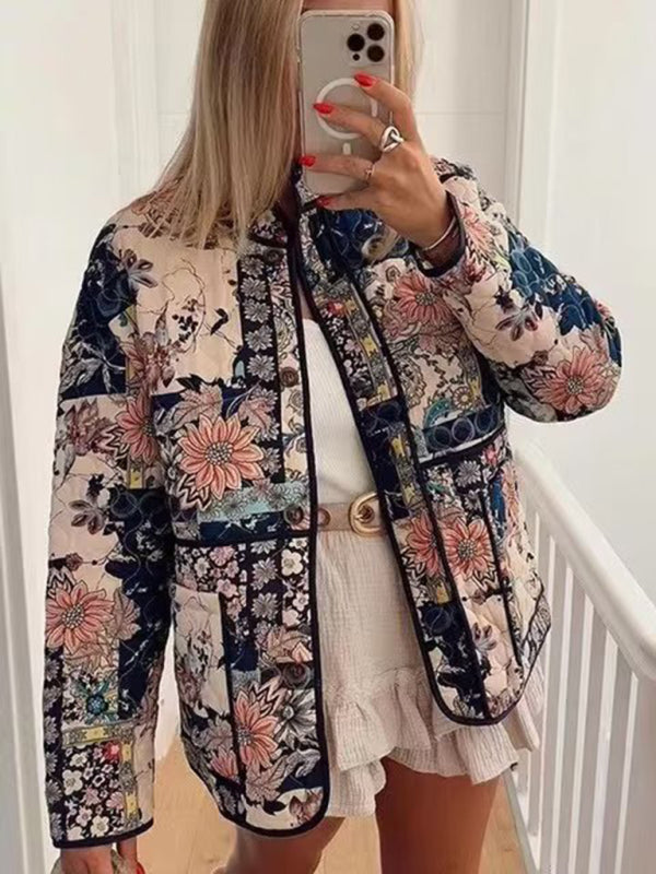 Women's stand collar printed quilted jacket