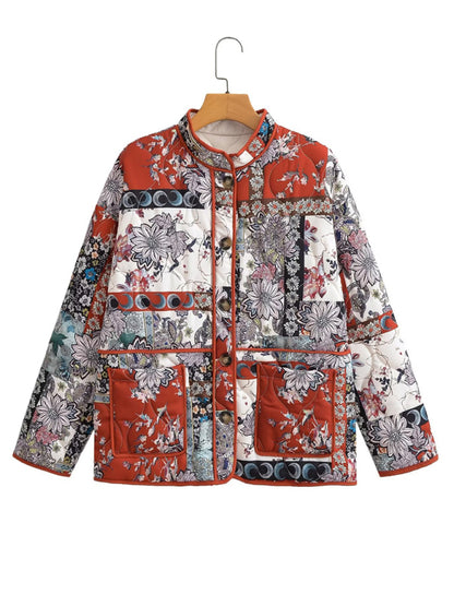 Women's stand collar printed quilted jacket