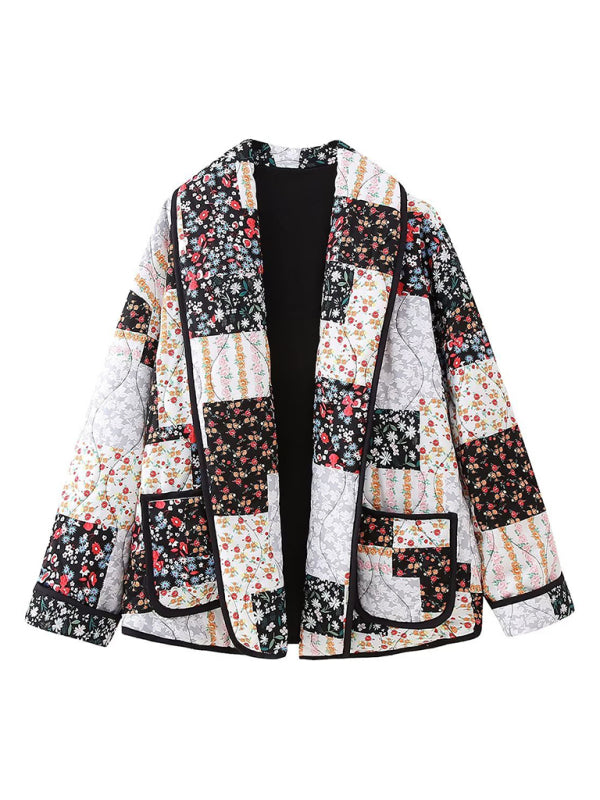 New loose, slim, fashionable and versatile French V-neck long-sleeved printed cotton jacket