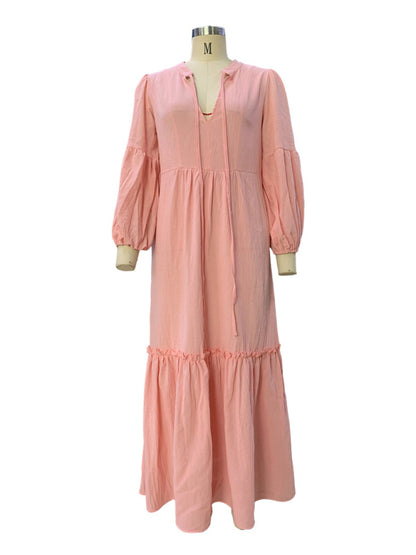 Women's Fashionable V-Neck Puff Sleeve Bohemian Cotton and Linen Dress