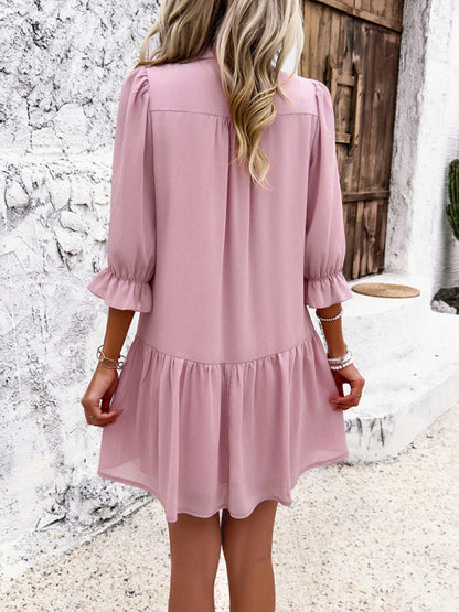 New solid color casual V-neck mid-sleeve dress