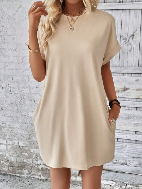 New spring and summer solid color round neck loose short sleeve pocket dress