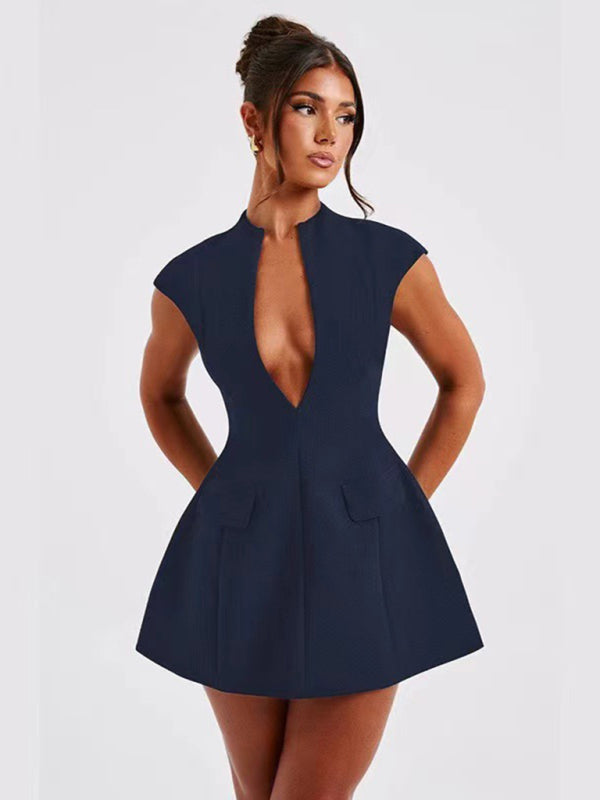 New solid color pocket sleeveless sexy V-neck high waist short dress