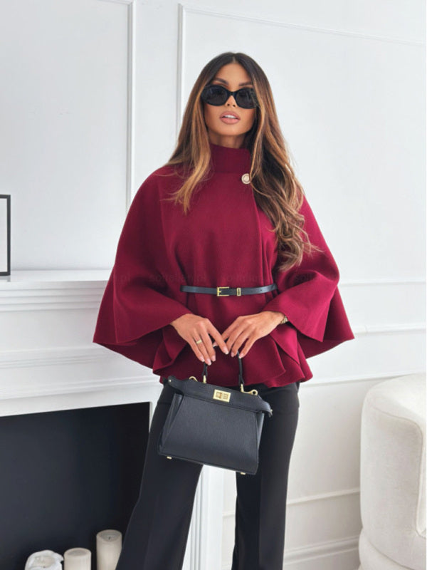 Winter Fashion Solid Color Waist Tie Woolen Cape Coat Women's Clothing