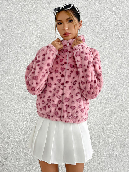 New Zipper Long Sleeve Valentine's Day Love Leopard Print Plush Jacket